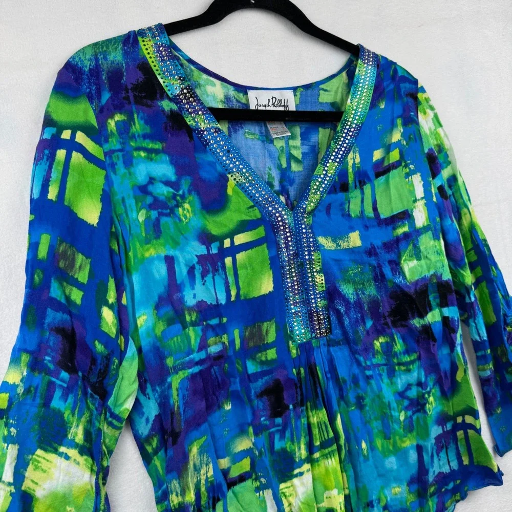 Joseph Ribkoff Blue‎ Green Print Embellished V-Neck 3/4 Sleeve Blouse Top 10